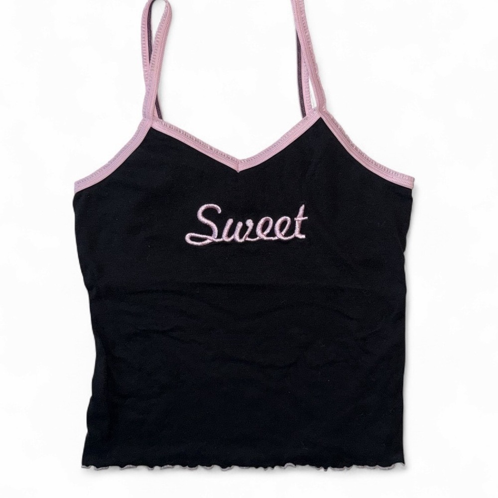 Y2K Vintage Camisole Tank Top M Black Pink Lace Trim Fairy Grunge Whimsigoth